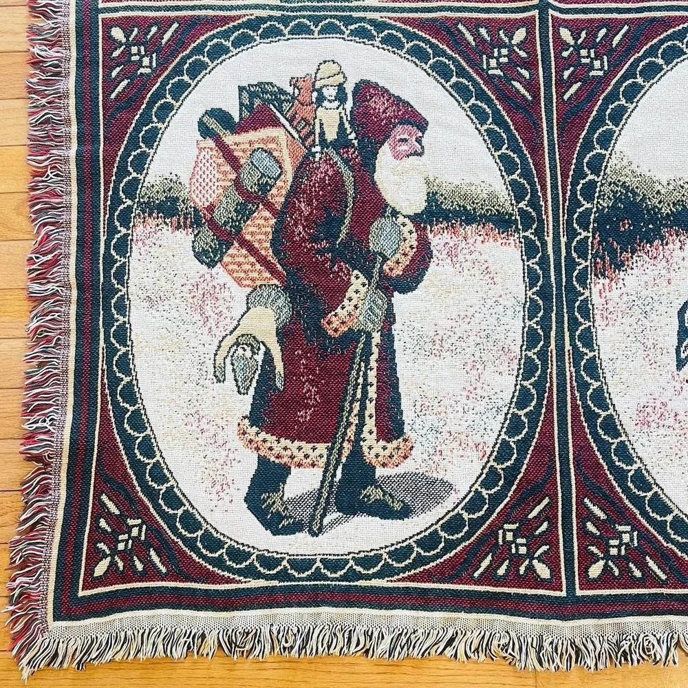 Vtg Tapestry Throw Blanket Christmas Mr Santa Claus Cotton‎ 50x60 READ